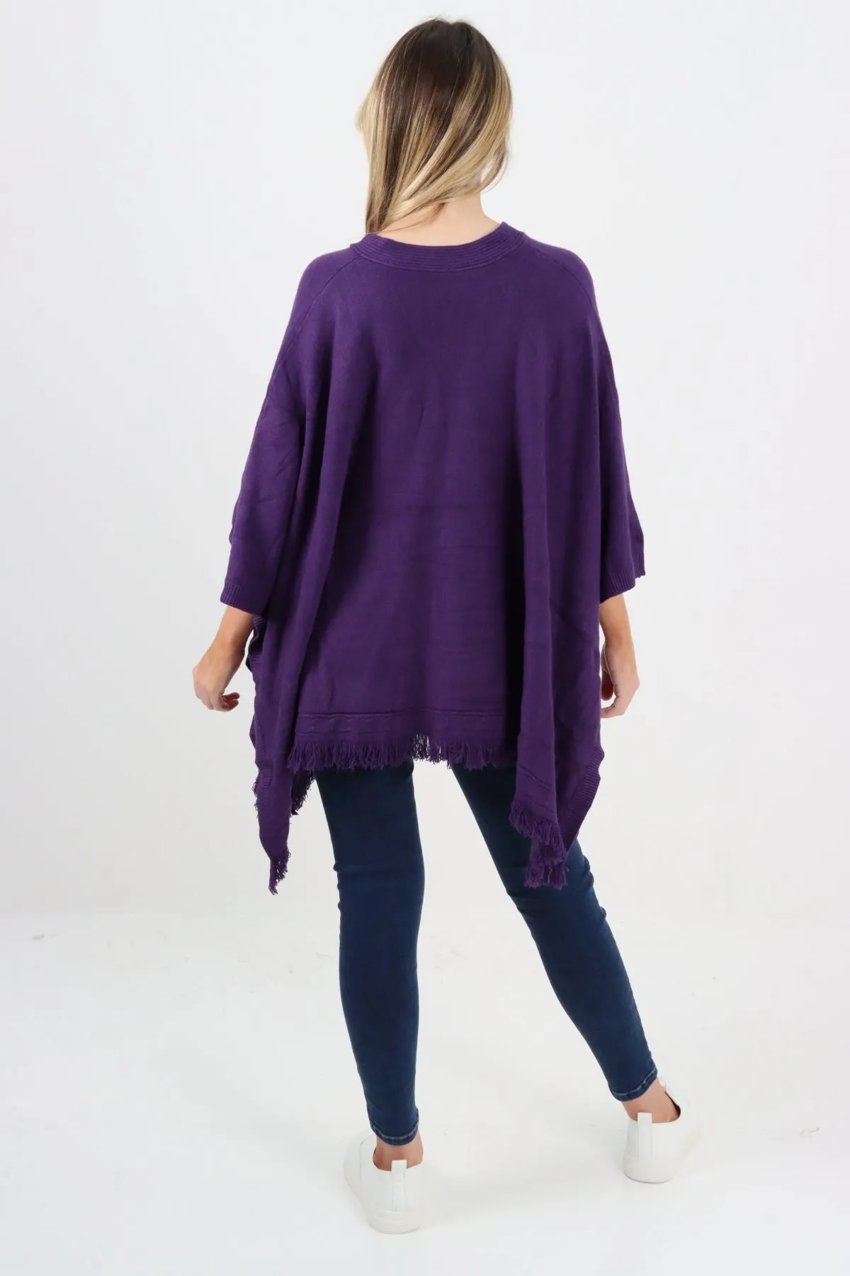 Side Button Detail Raw Edge Ponchos Jumper Top