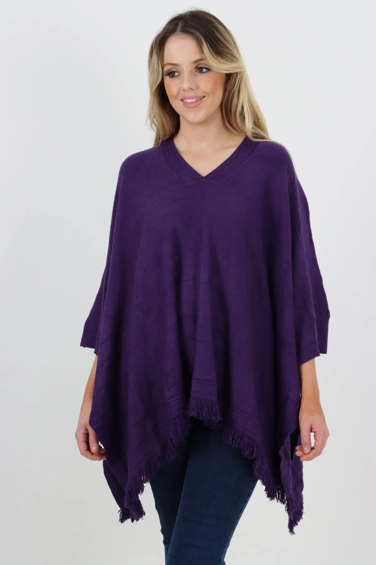 Side Button Detail Raw Edge Ponchos Jumper Top