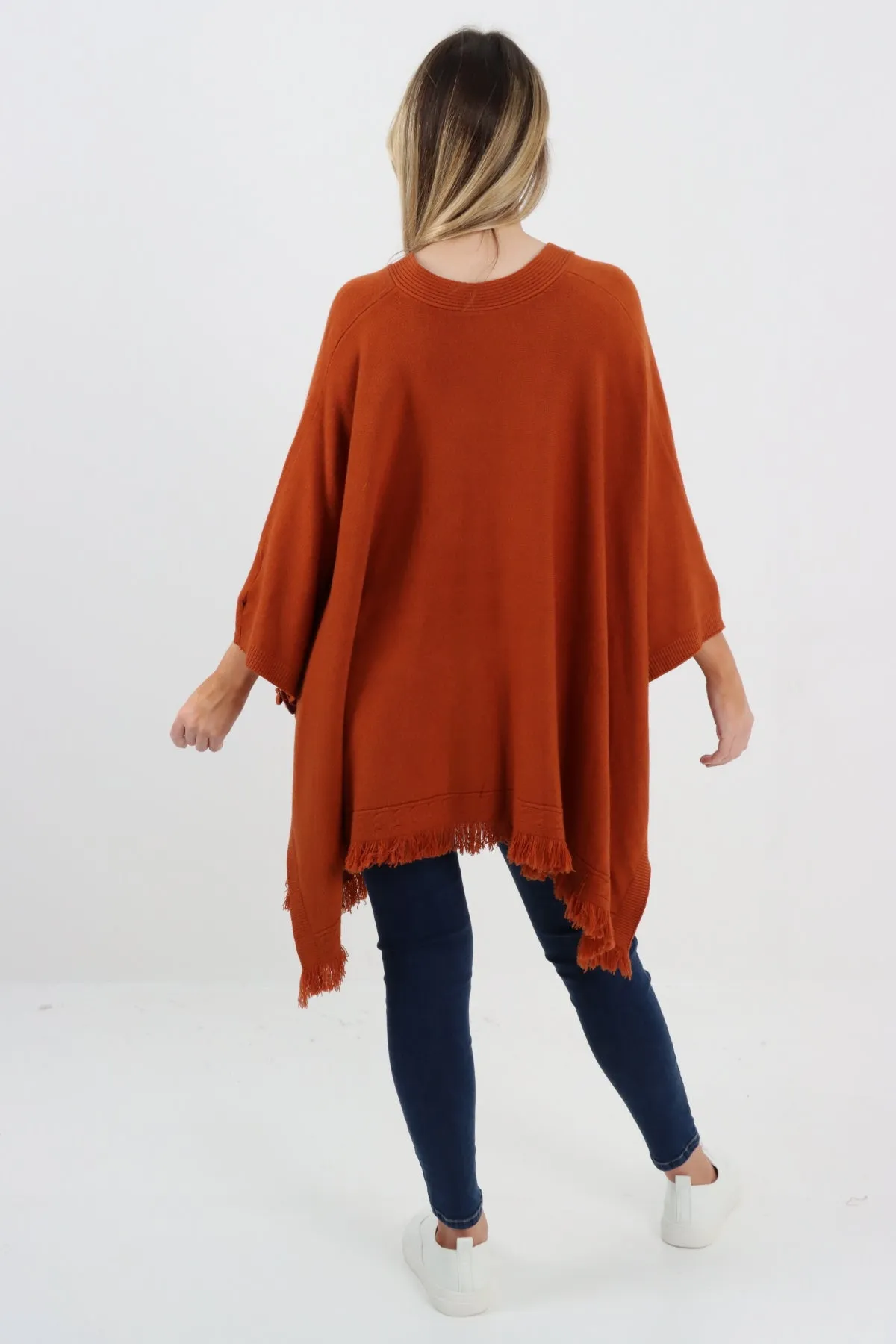 Side Button Detail Raw Edge Ponchos Jumper Top