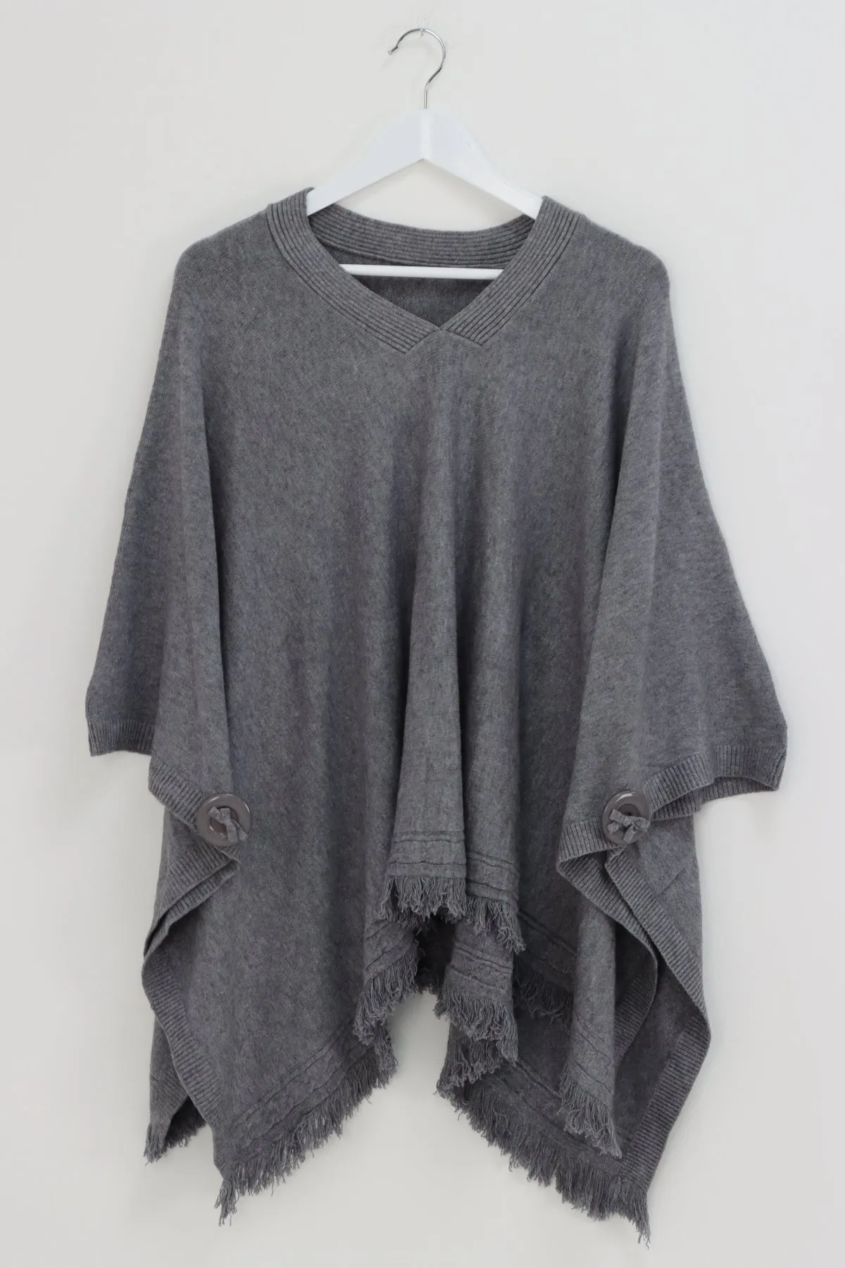 Side Button Detail Raw Edge Ponchos Jumper Top