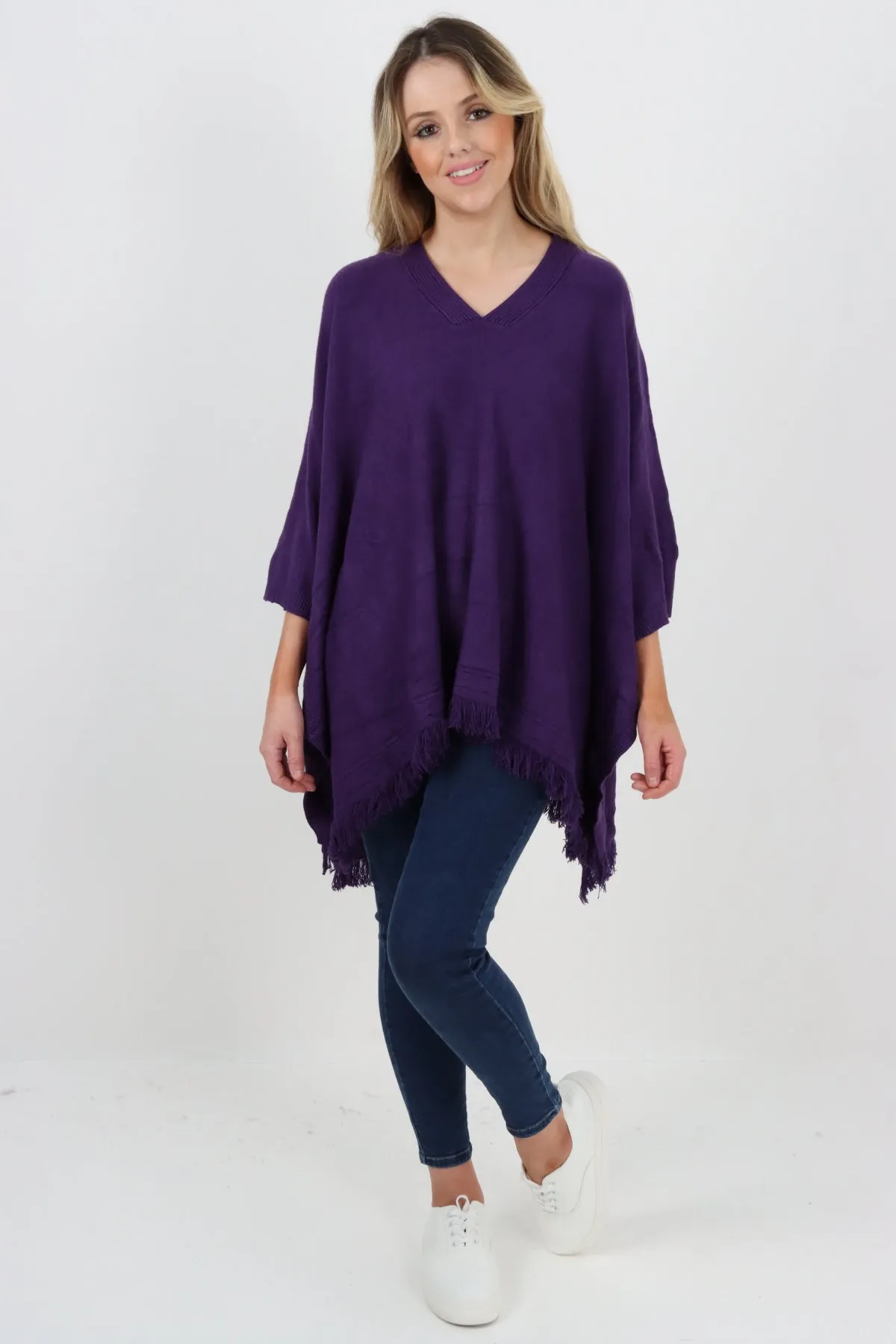 Side Button Detail Raw Edge Ponchos Jumper Top
