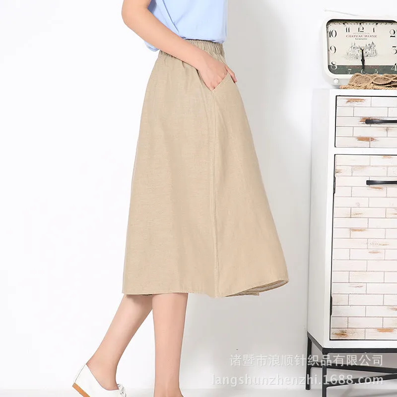 Skirt Cotton Blend Long Summer Art Elastic Waist Loose Pleated Flare Skirt