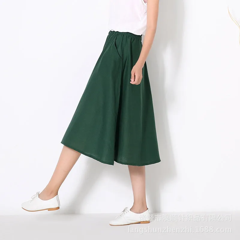 Skirt Cotton Blend Long Summer Art Elastic Waist Loose Pleated Flare Skirt