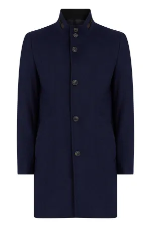 Slim Fit Notch Lapel New Terra Wool Navy Overcoat, Navy