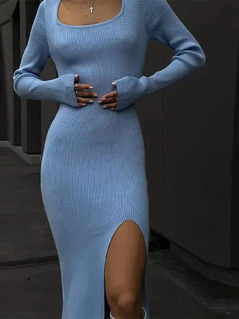 Square Neck Knitted Midi Dress