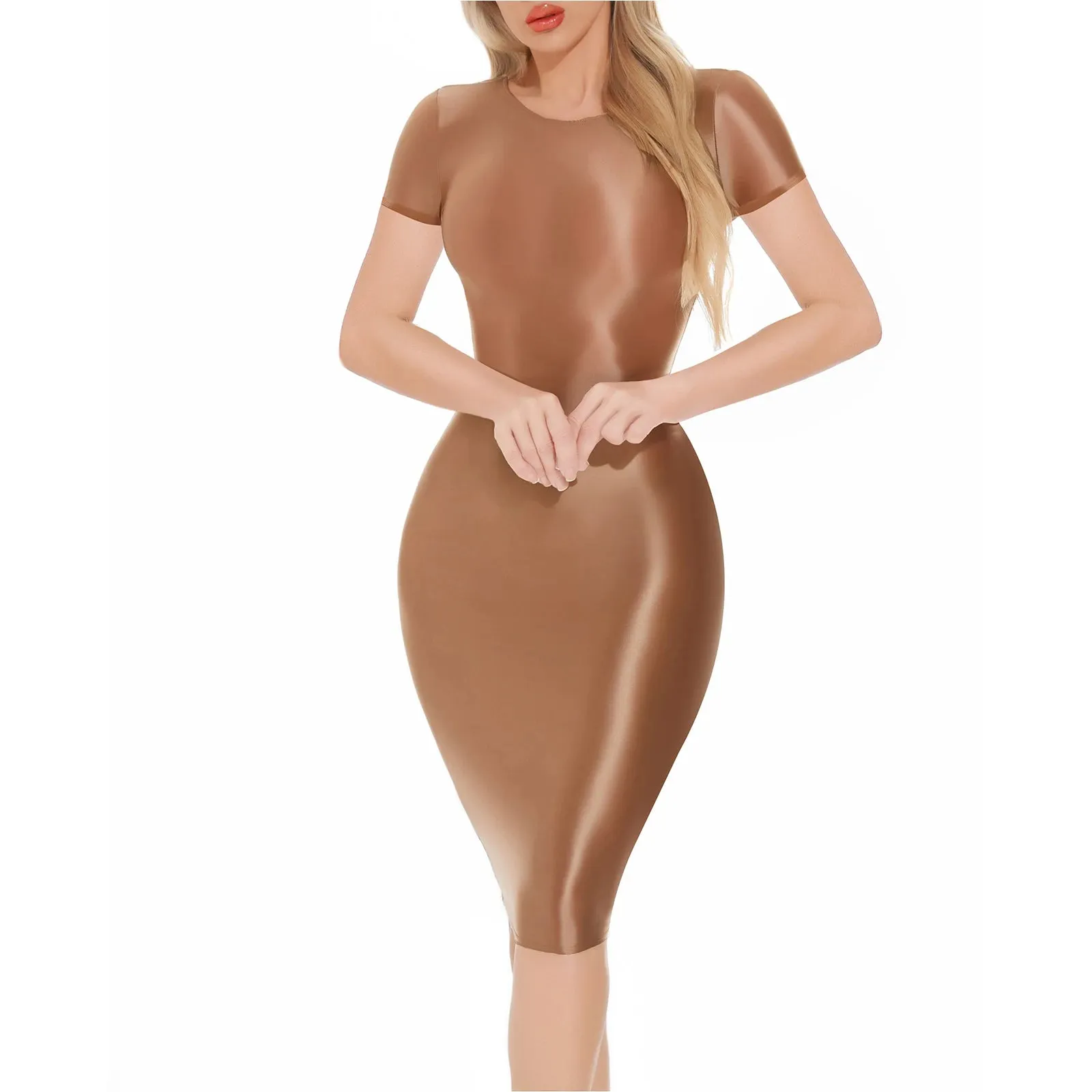 Trend4us Women's Glossy Short-Sleeve Bodycon Dress
