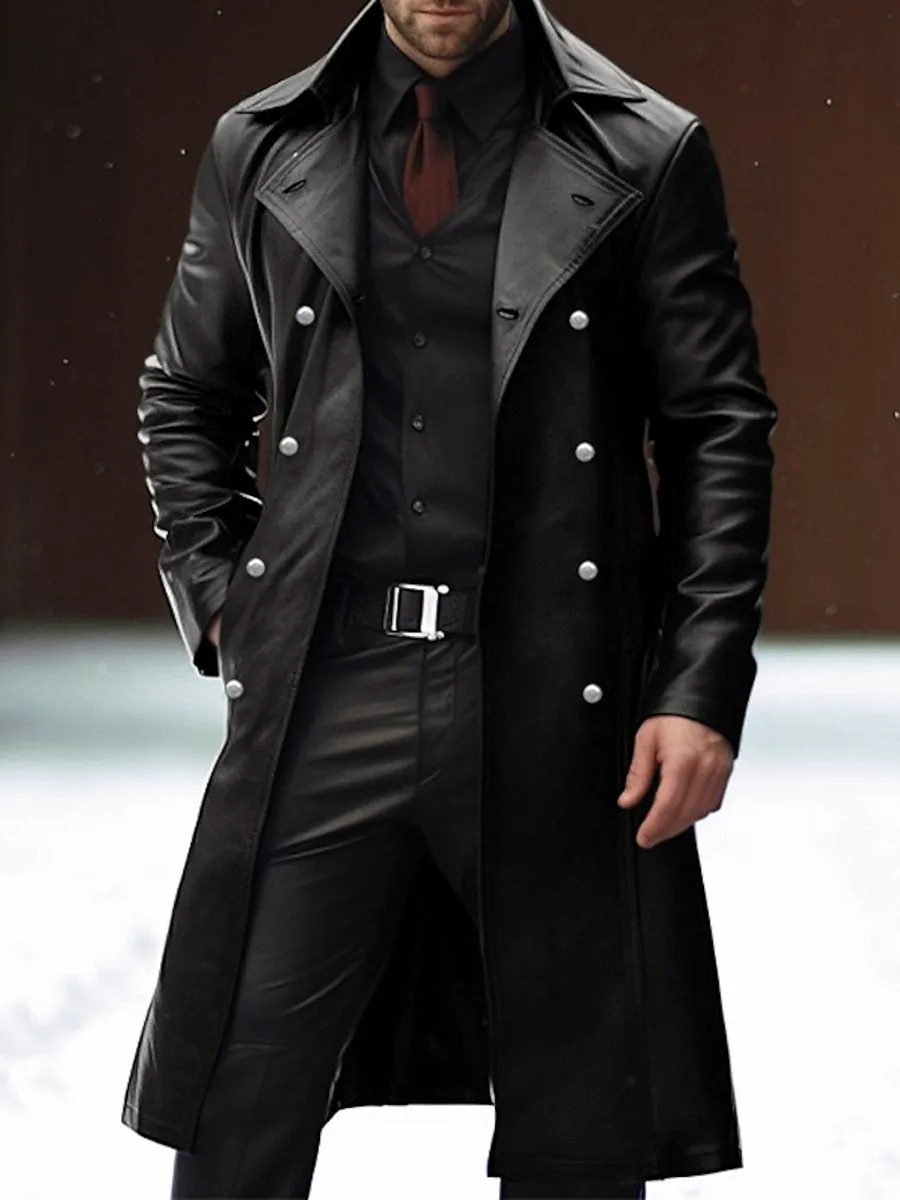 Vintage Casual Leather Lapel Double-breasted Overcoat