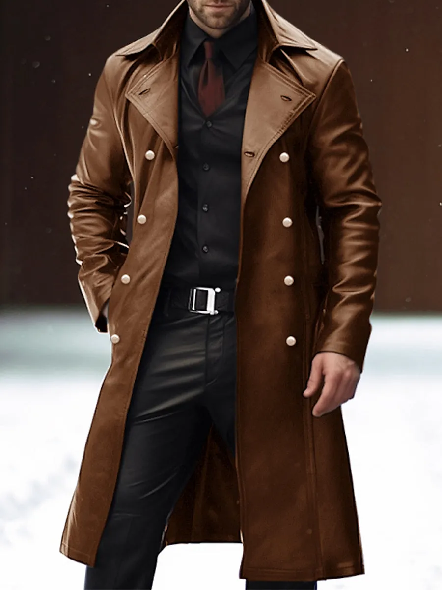 Vintage Casual Leather Lapel Double-breasted Overcoat