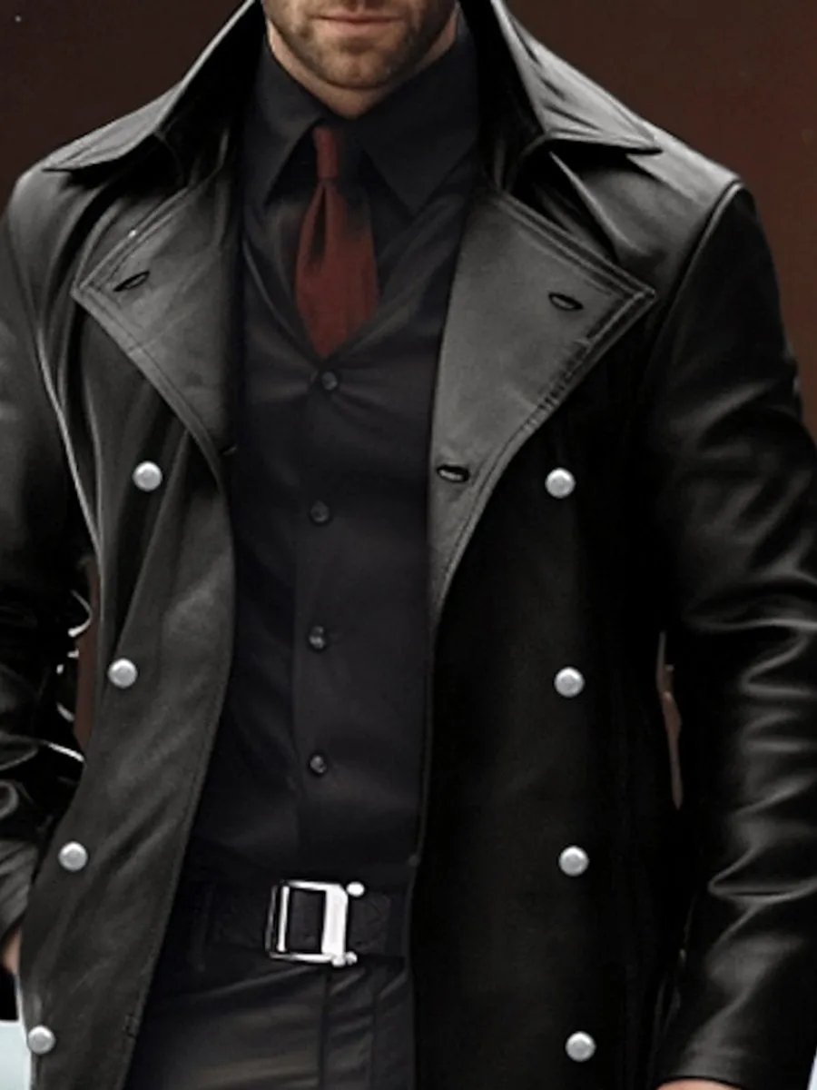 Vintage Casual Leather Lapel Double-breasted Overcoat