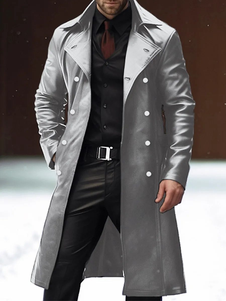Vintage Casual Leather Lapel Double-breasted Overcoat