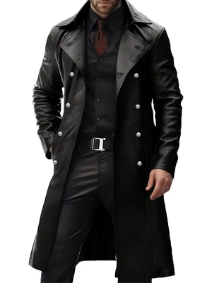 Vintage Casual Leather Lapel Double-breasted Overcoat