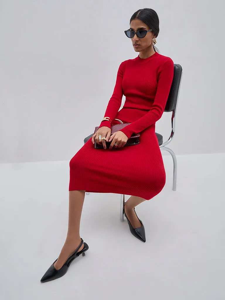 Wardrobe Red Ribbed Cotton-Blend Bodycon Dress