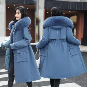 Women New Winter Jacket Fur Lining Long Coat Hooded Overcoat