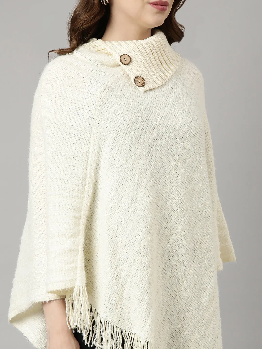 Women Solid Off White Longline Poncho