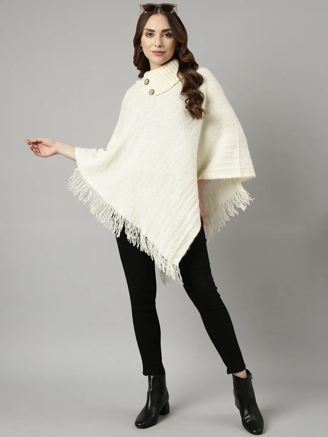 Women Solid Off White Longline Poncho