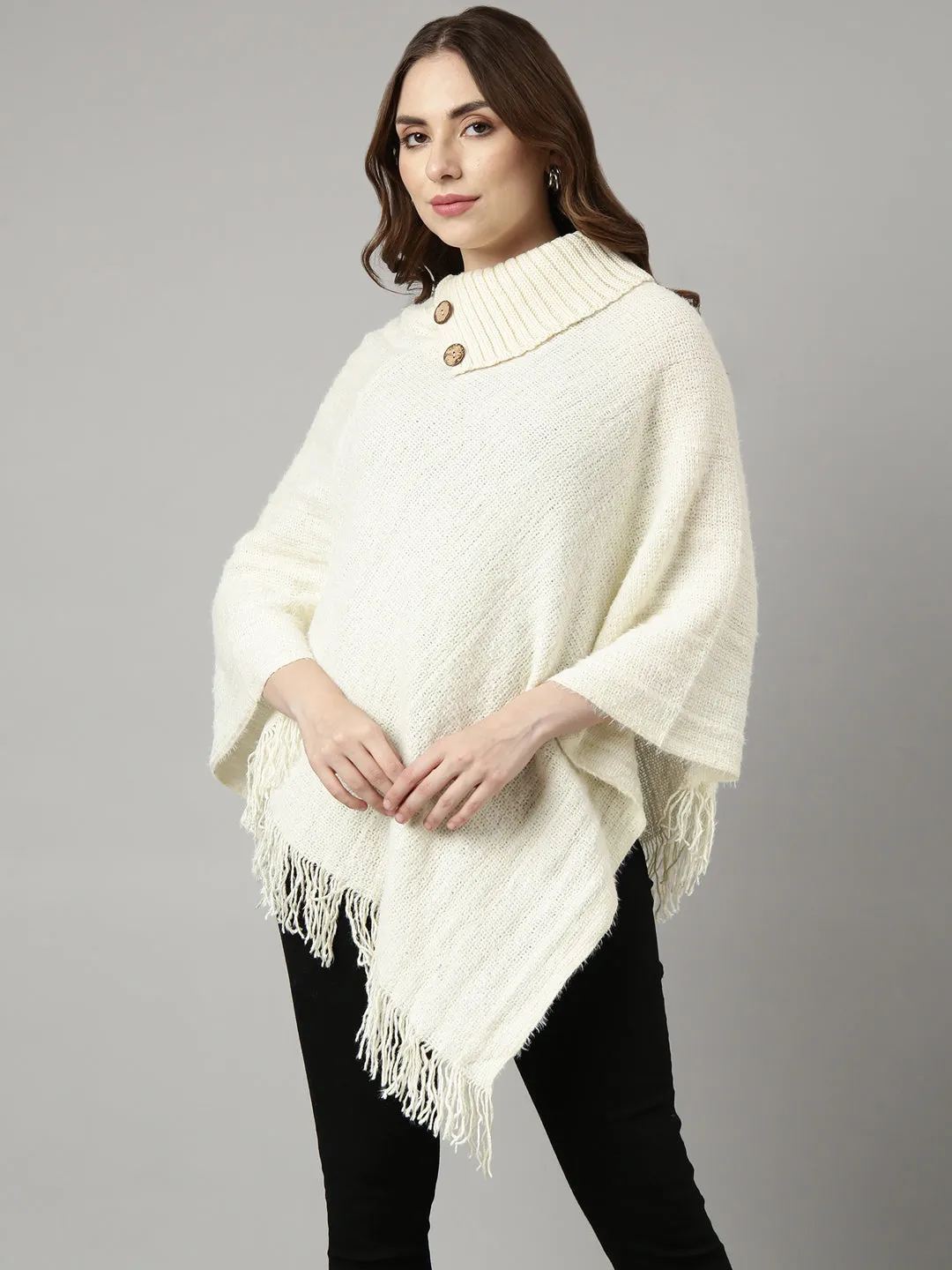 Women Solid Off White Longline Poncho