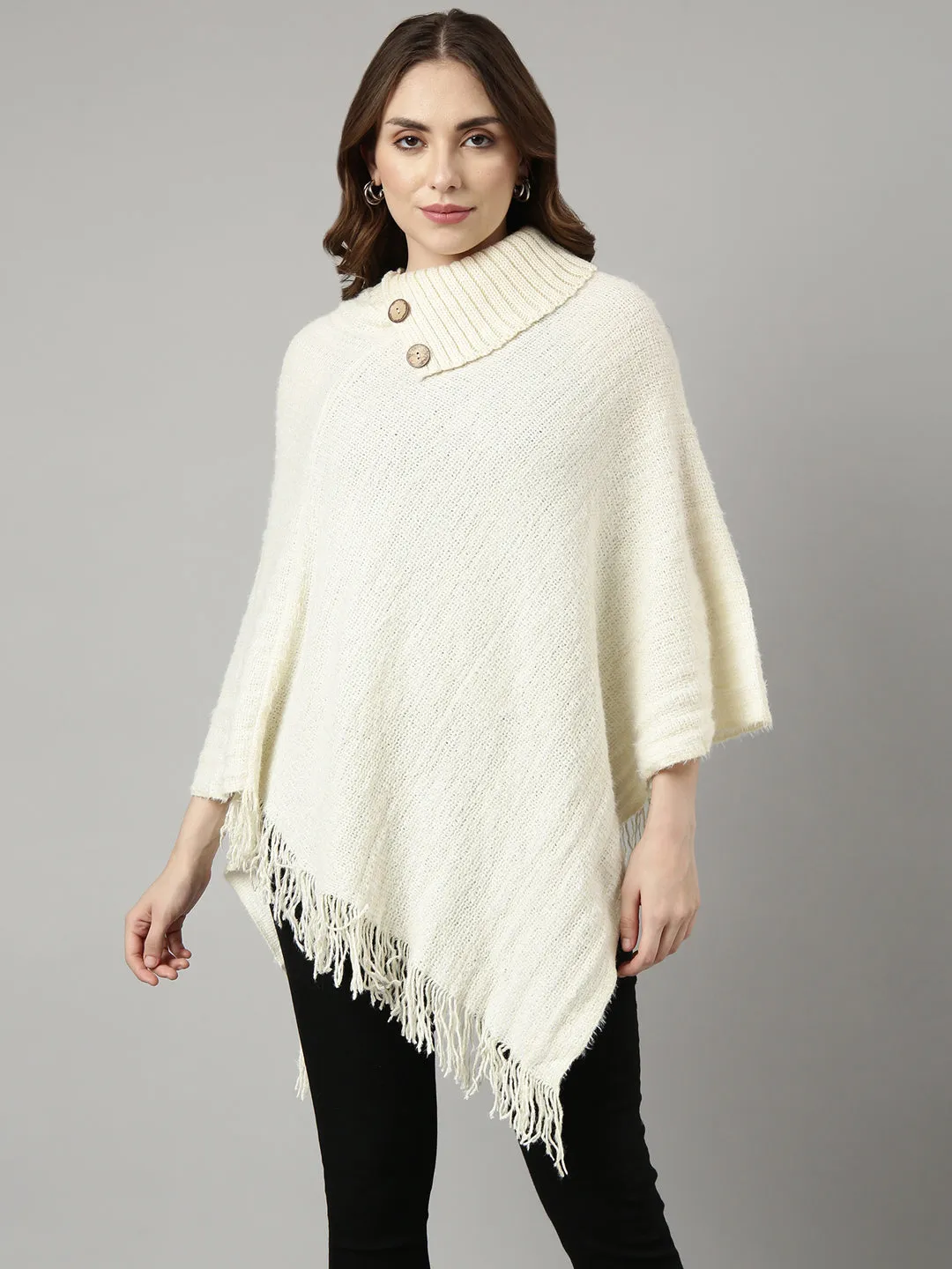 Women Solid Off White Longline Poncho